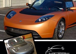 Tesla wrapped in Avery SW Blaze Orange Matte Metallic