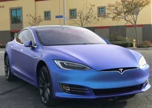 Tesla wrapped in ColorFlip Satin Glacier Frost Blue/Purple shade shifting vinyl