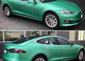 Tesla wrapped in Avery SW Matte Emerald Metallic vinyl