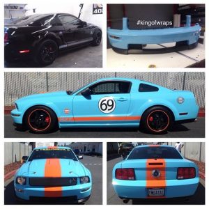 Ford Mustang wrapped in 3M 1080-G77 Sky Blue & 1080-G14 Burnt Orange
