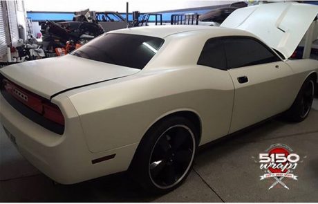Dodge Challenger wrapped in 3M 1080-SP10 Satin Pearl White