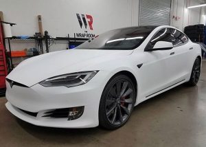 Tesla wrapped in Avery SW Matte White vinyl