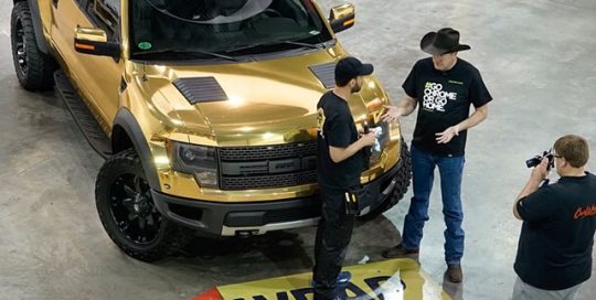 Ford wrapped in gold chrome vinyl