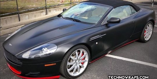 Aston Martin wrapped in Avery SW Satin Black and Gloss Carmine Red vinyls