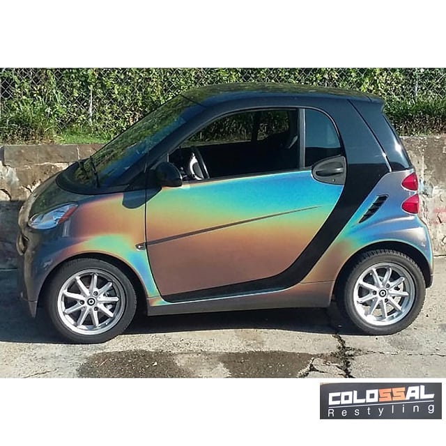 Smart car wrapped in ColorFlip Gloss Psychedelic shade shifting vinyl