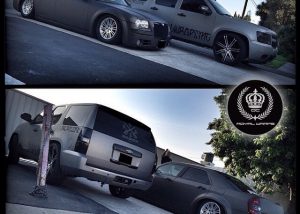 Chrysler wrapped in Graphite Grey Metallic and Chevrolet wrapped in 1080 Brushed Aluminum vinyl