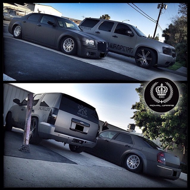 Chrysler wrapped in Graphite Grey Metallic and Chevrolet wrapped in 1080 Brushed Aluminum vinyl
