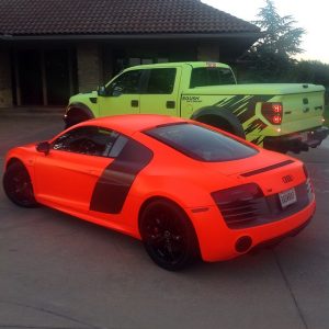 Audi wrapped in 1080 Neon Fluorescent Orange and Fort wrapped in Hi Liter Fluorescent Yellow