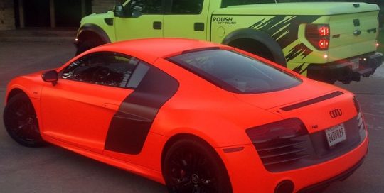 Audi wrapped in 1080 Neon Fluorescent Orange and Fort wrapped in Hi Liter Fluorescent Yellow