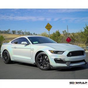 Ford Mustang wrapped in ColorFlip Satin Ghost Pearl shade shifting vinyl