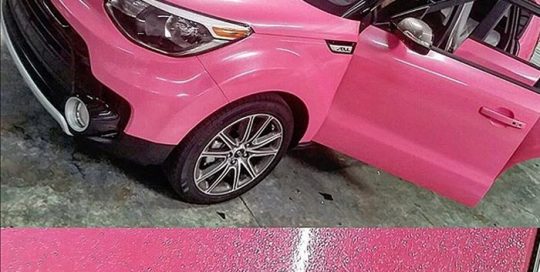 Kia Soul wrapped in Gloss Hot Pink vinyl overlaminated with Avery 6040 Sparkle vinyl