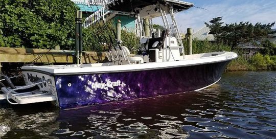 Commercial Boat wrapped in Deep Space Blue/Bronze/Purple shade shifting vinyl