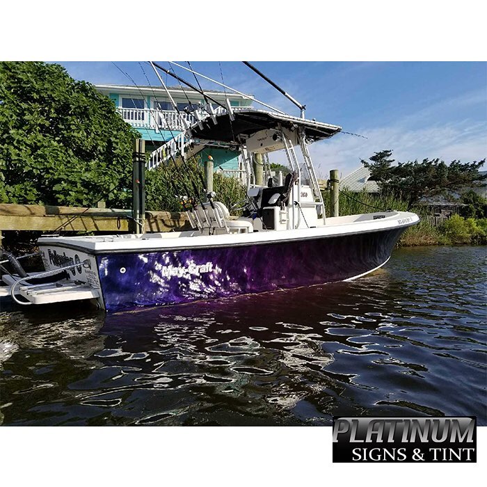 Commercial Boat wrapped in Deep Space Blue/Bronze/Purple shade shifting vinyl