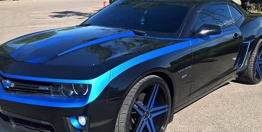 Chevy Camaro wrapped in Avery SW Gloss Black and 3M 1080 Matte Blue Metallic vinyl