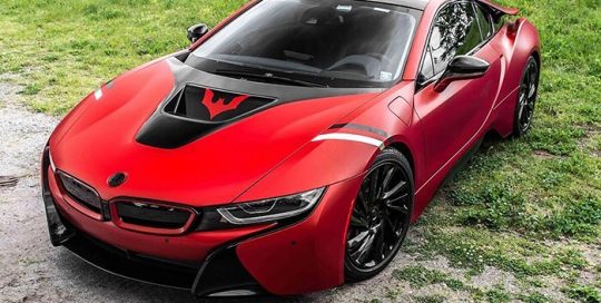 BMW I8 wrapped in Satin Smoldering Red vinyl