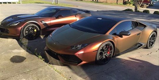 Huracan and Vette wrapped in Avery ColorFlow Satin Rising Sun Red/Gold shade shifting vinyl