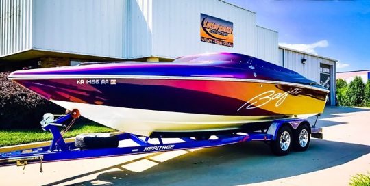 Baja Boat wrapped in Avery ColorFlow Gloss Lightning Ridge Green/Purple shade shifting vinyl