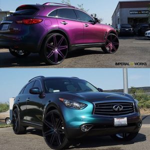 Infiniti FX35 wrapped in Avery ColorFlow Gloss Lightning Ridge Green/Purple shade shifting vinyl