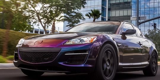 Mazda RX8 wrapped in ColorFlip Gloss Deep Space Blue/Bronze/Purple shade shifting vinyl