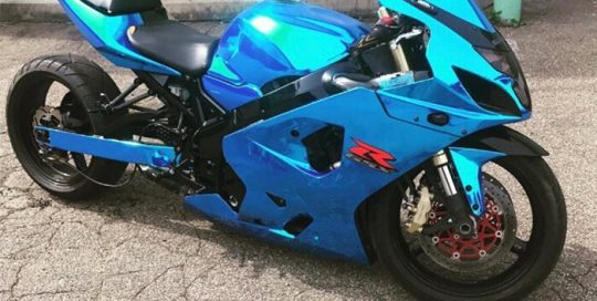 Suzuki GSXR Motorcycle wrapped in Avery SW Blue Chrome vinyl