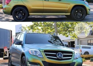Mercedes Benz GLK-350 wrapped in Avery ColorFlow Satin Fresh Spring Gold/Silver shade shifting vinyl