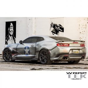 Chevrolet Camaro wrapped in custom printed 3M 180mC-120 Metallic Satin White Aluminum vinyl