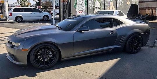 Camaro wrapped in Satin Dark Gray vinyl