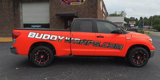 F150 Commercial Truck wrapped in Neon Fluorescent Red vinyl with Avery SW Silver Chrome & Satin Black vinyl graphics