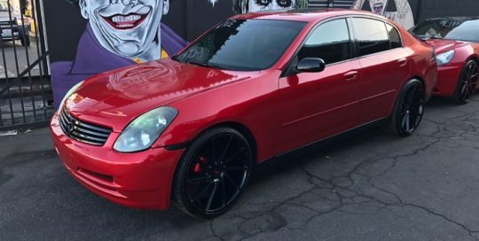 Infiniti G35 wrapped in Gloss Dragon Fire Red vinyl