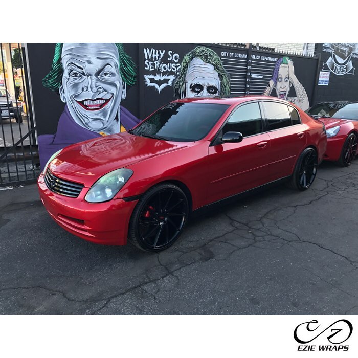 Infiniti G35 wrapped in Gloss Dragon Fire Red vinyl