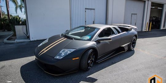 Lamborghini Murcielago wrapped in Matte Deep Black vinyl & Orafol Matte Gold Metallic vinyl