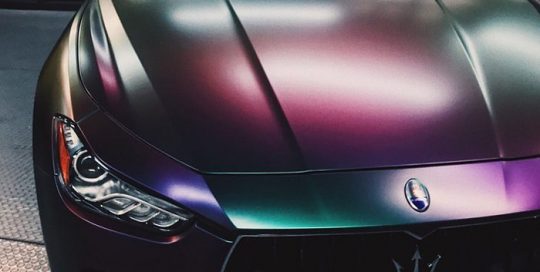 Maserati wrapped in Avery ColorFlow Satin Lightning Ridge Green/Purple shade shifting vinyl