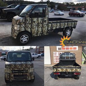 Honda Mini Truck wrapped in custom printed camo on Avery 1105 EZRS vinyl