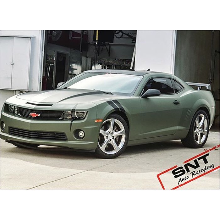 Chevrolet Camaro wrapped in Matte Military Green and Matte Black vinyls