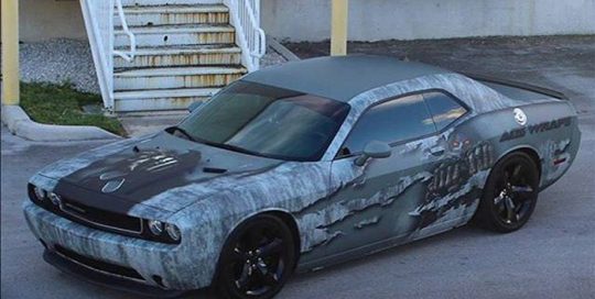 Dodge Challenger Hellcat wrapped in custom printed Avery 1105 EZRS vinyl with 1380z Matte overlaminate
