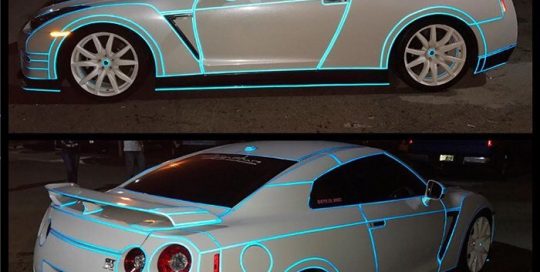 Nissan GTR wrapped in Avery SW Metallic Diamond White vinyl with 3M 680 Light Blue Reflective vinyl
