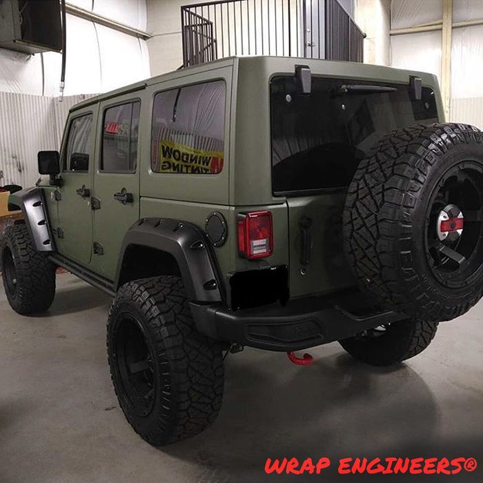 Jeep Wrangler Rubicon wrapped in Matte Military Green vinyl