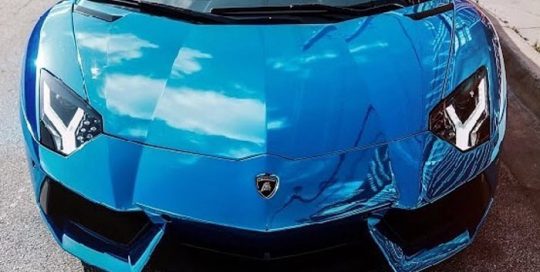 Lamborghini Aventador wrapped in Avery SW Blue Chrome vinyl