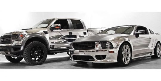 Ford Raptor & Mustang-GT wrapped in Avery SW Silver Chrome vinyl.