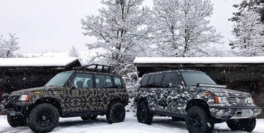 Suzuki Sidekicks wrapped in custom printed camo on Avery 1105EZRS vinyl with 1380z Matte overlaminate