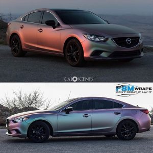 Mazda 3 wrapped in Orafol Shift Effect Matte Pearl Symphony shade shifting vinyl