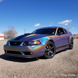 Ford Mustang wrapped in ColorFlip Psychedelic shade shifting vinyl