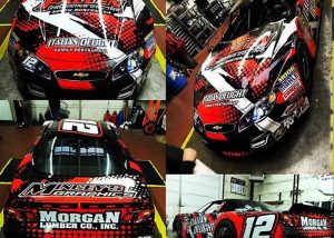 Chevrolet Racing Car wrapped in custom printed 3M IJ35C vinyl with 8519 Gloss overlaminate with 1080 Gloss White and Orafol 6510 fluorescent vinyls