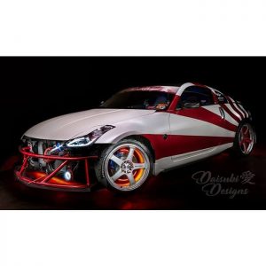 Nissan 350z wrapped in Avery SW Satin Pearl White and Red Chrome vinyls