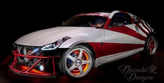 Nissan 350z wrapped in Avery SW Satin Pearl White and Red Chrome vinyls