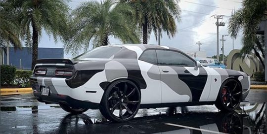 Dodge Challenger wrapped in custom printed #camo on 3M IJ180C vinyl and 8518 Gloss Overlaminate