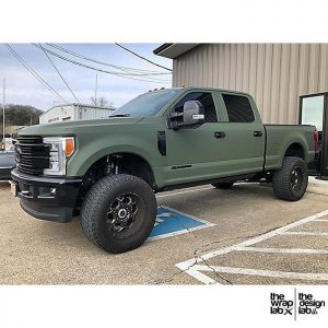 Ford F250 wrapped in Matte Military Green vinyl
