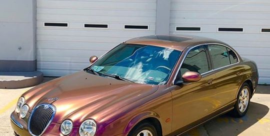 Jaguar Stype wrapped in Orafol Shift Effect Gloss Aubergine/ Bronze shade shifting vinyl