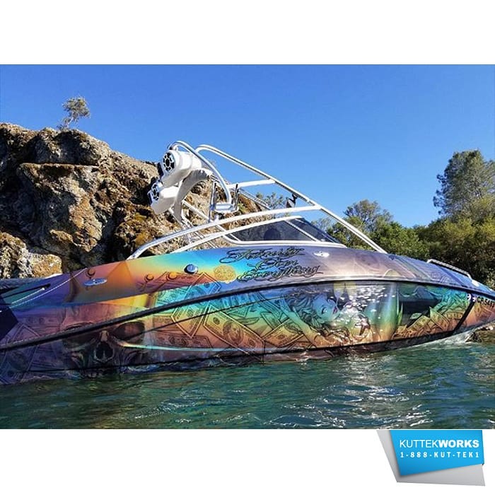 Boat Wrap wrapped in ColorFlip Gloss Psychedelic shade shifting vinyl and Avery DOL 6460 Gloss overlaminate