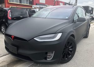 Tesla Modelx wrapped in 3M 1080 Matte Black vinyl